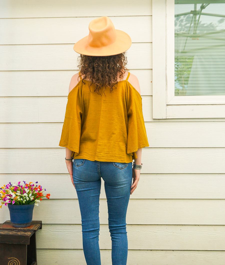Organic Raw Cotton Gauze Kimono Blouse – Mustard Boho Minimalist Open-Shoulder Top