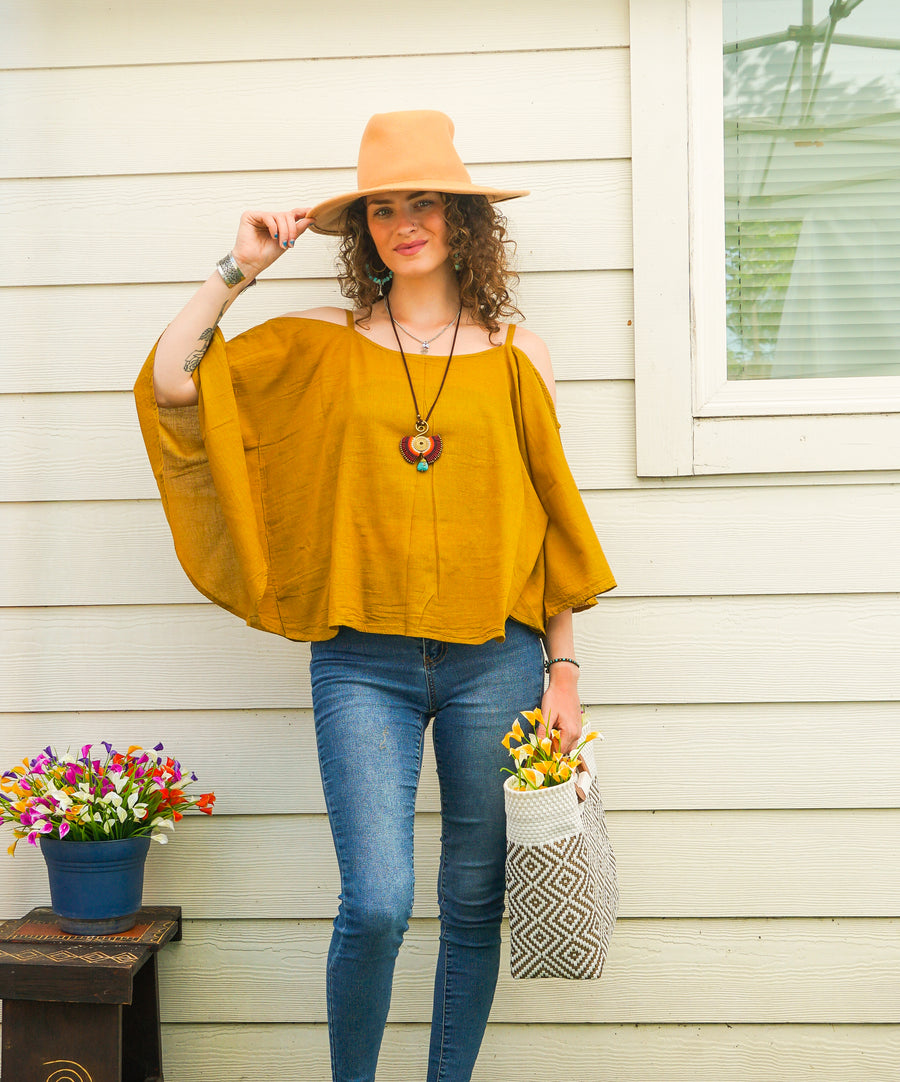 Organic Raw Cotton Gauze Kimono Blouse – Mustard Boho Minimalist Open-Shoulder Top