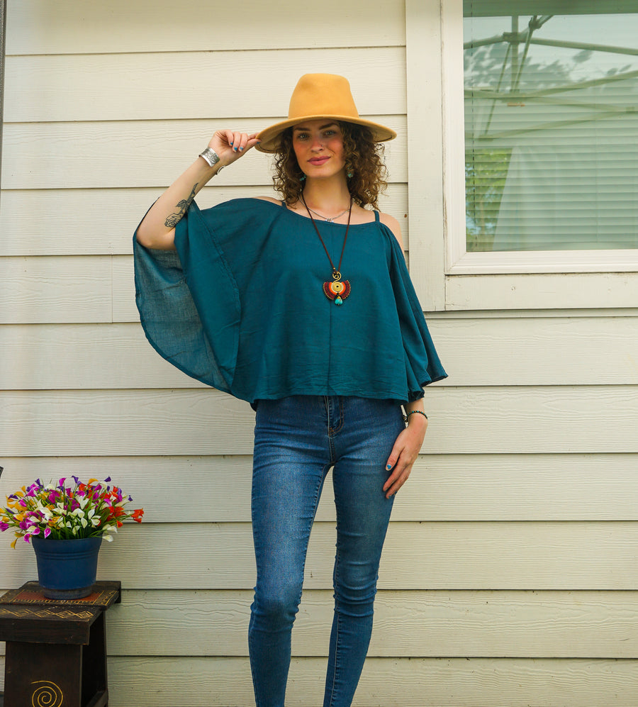 Deep Teal Organic Raw Cotton Gauze Kimono Blouse