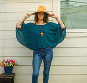 Deep Teal Organic Raw Cotton Gauze Kimono Blouse