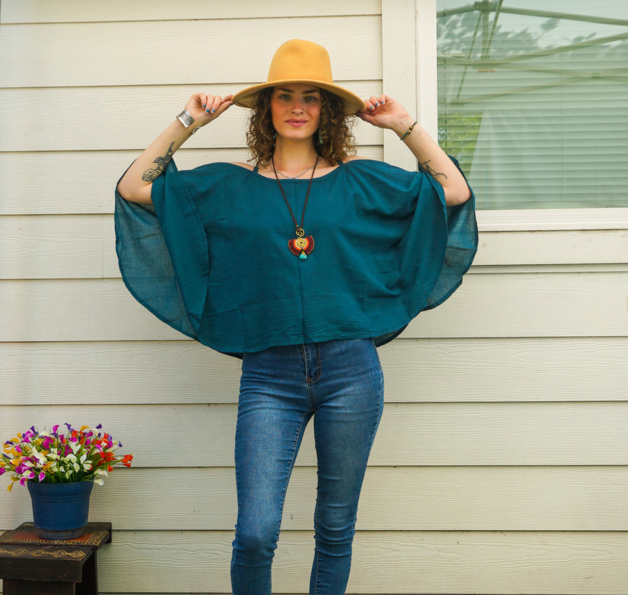 Deep Teal Organic Raw Cotton Gauze Kimono Blouse