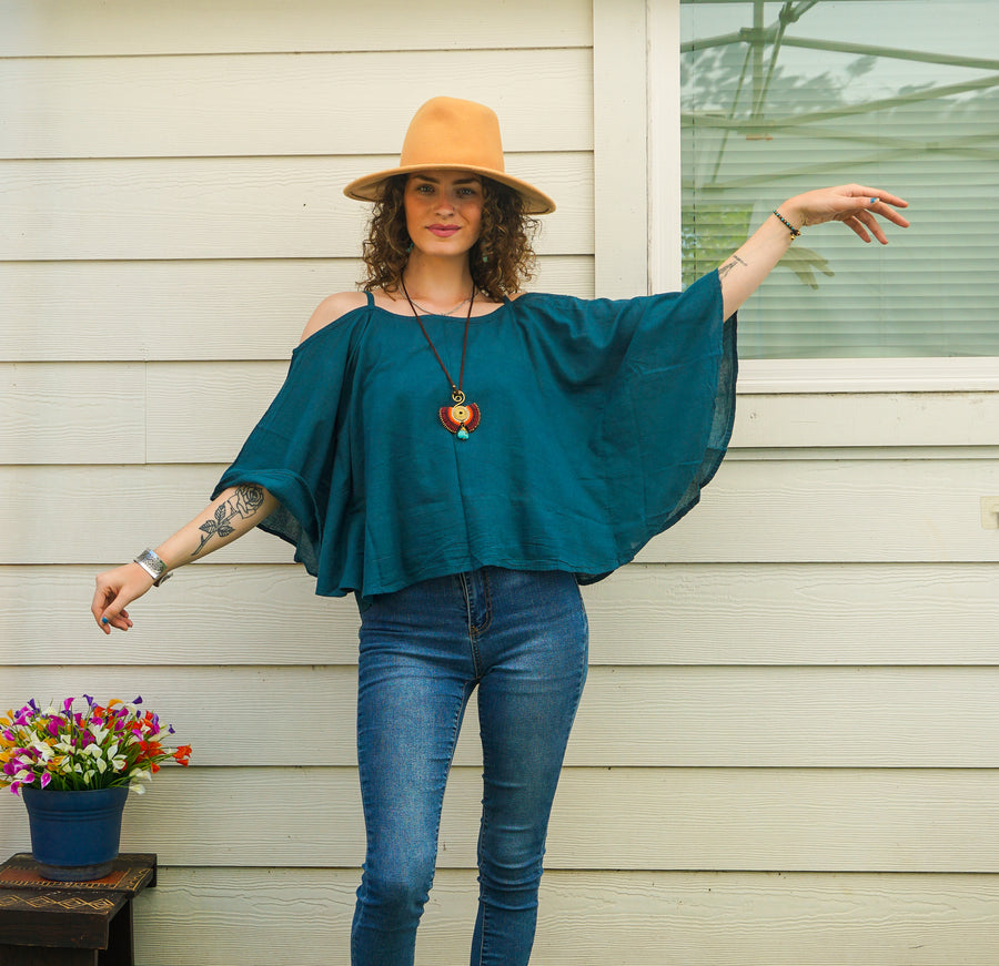 Deep Teal Organic Raw Cotton Gauze Kimono Blouse