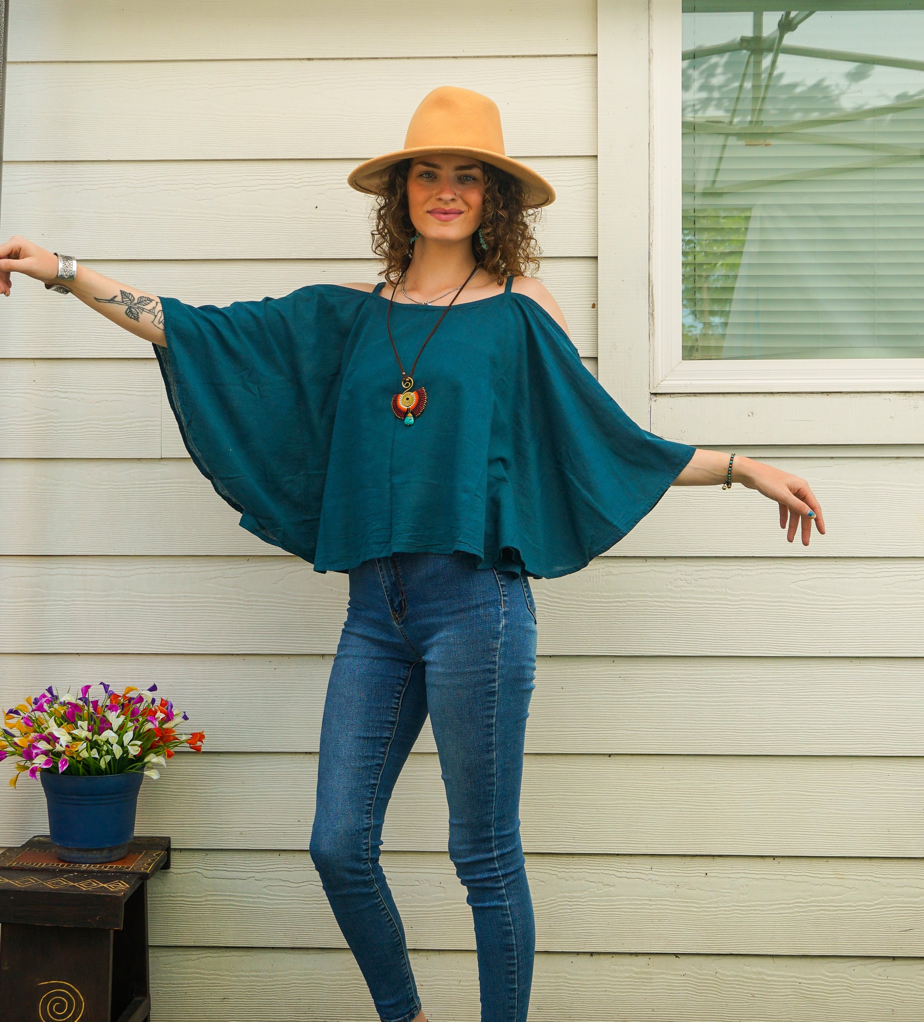 Deep Teal Organic Raw Cotton Gauze Kimono Blouse