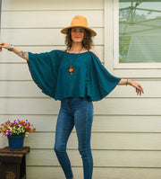 Deep Teal Organic Raw Cotton Gauze Kimono Blouse