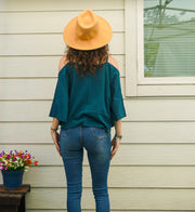 Deep Teal Organic Raw Cotton Gauze Kimono Blouse