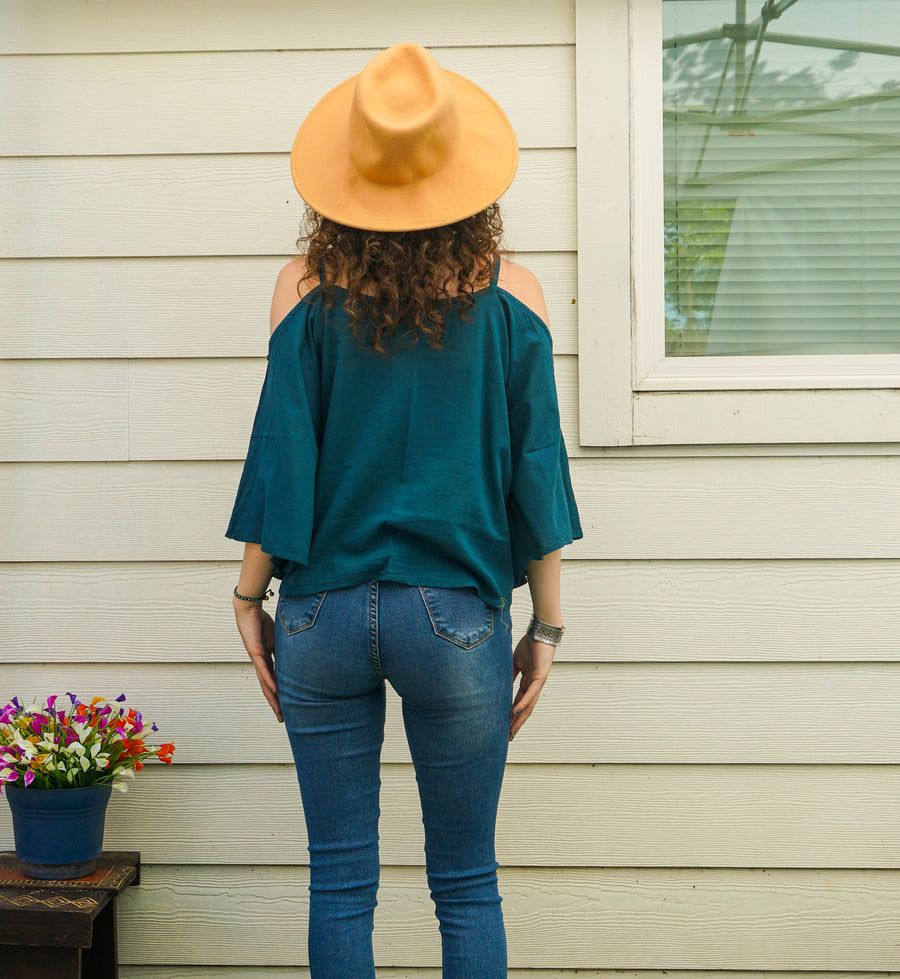 Deep Teal Organic Raw Cotton Gauze Kimono Blouse
