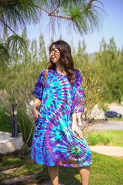 Boho Blue Hand Dyed Boho Cotton Dress with Pockets