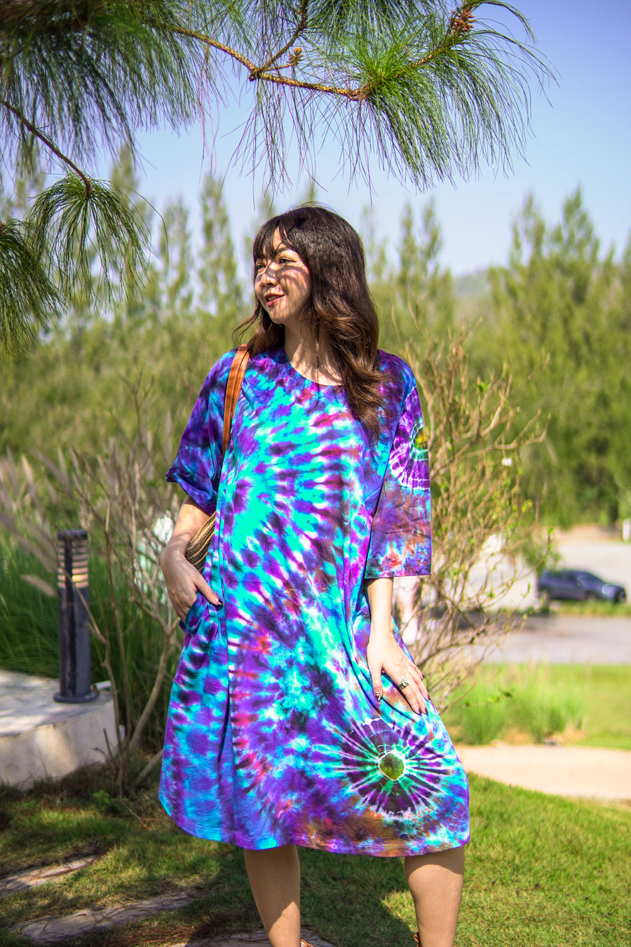 Boho Blue Hand Dyed Boho Cotton Dress with Pockets