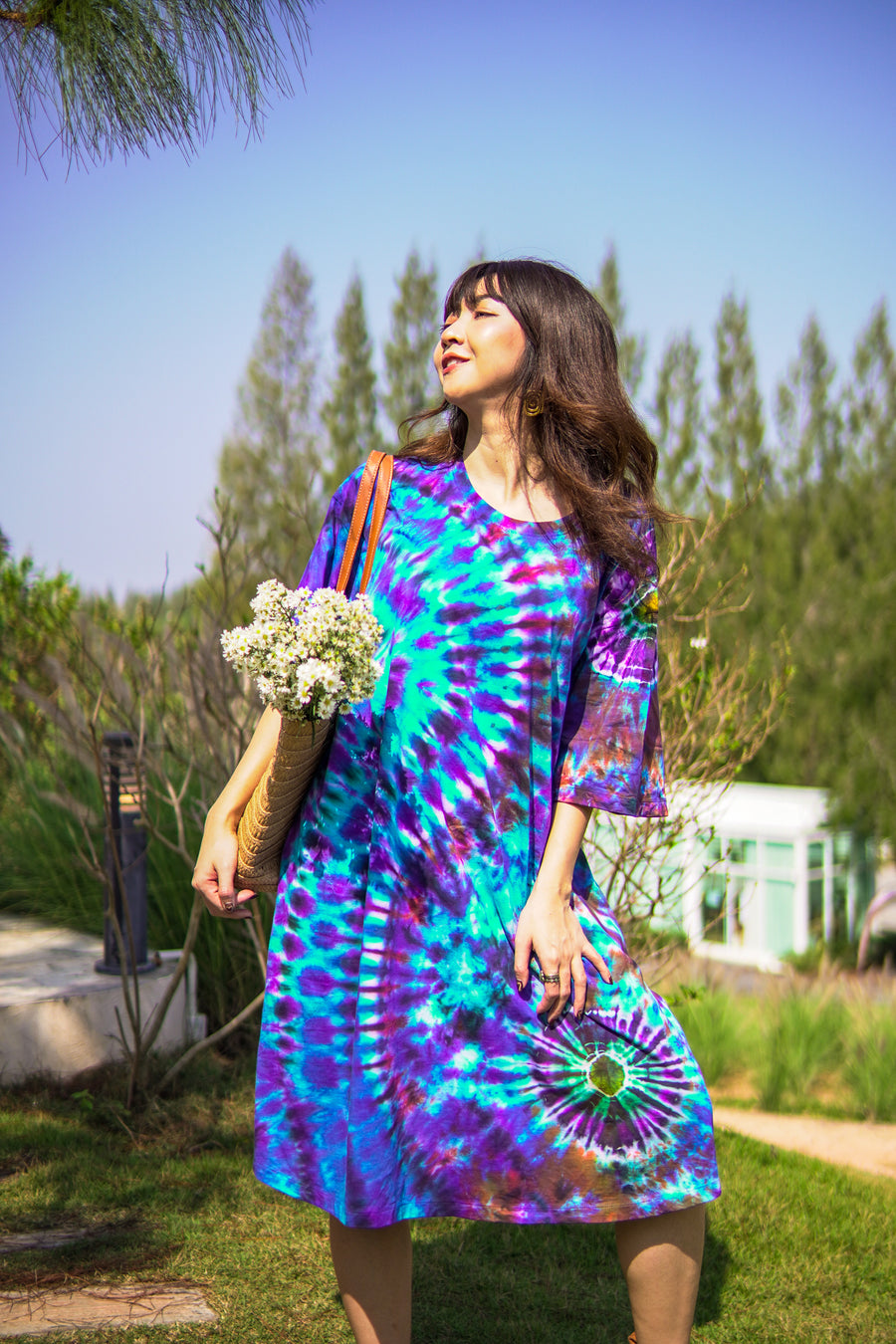 Boho Blue Hand Dyed Boho Cotton Dress with Pockets
