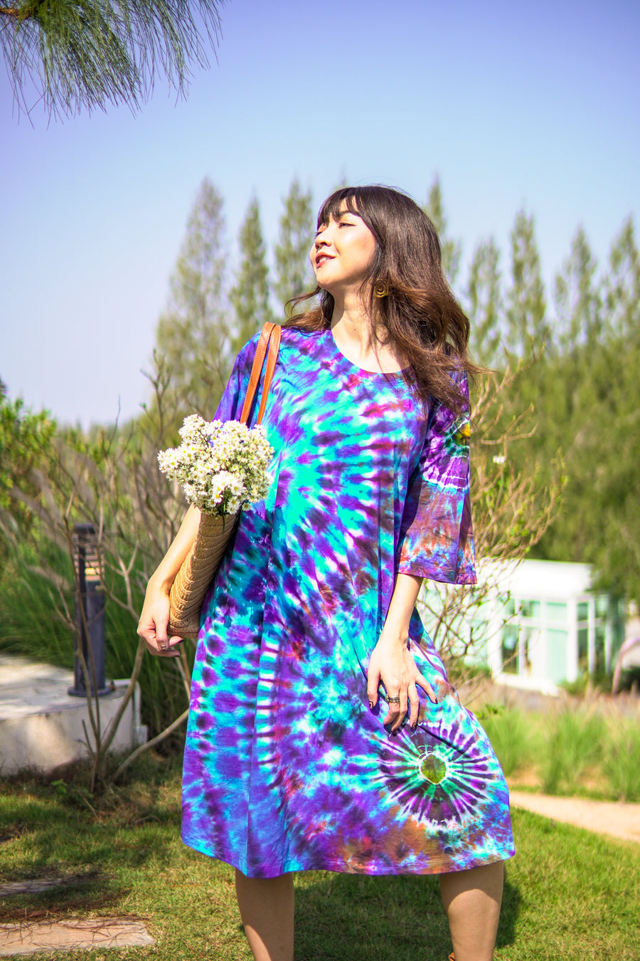 Boho Blue Hand Dyed Boho Cotton Dress with Pockets