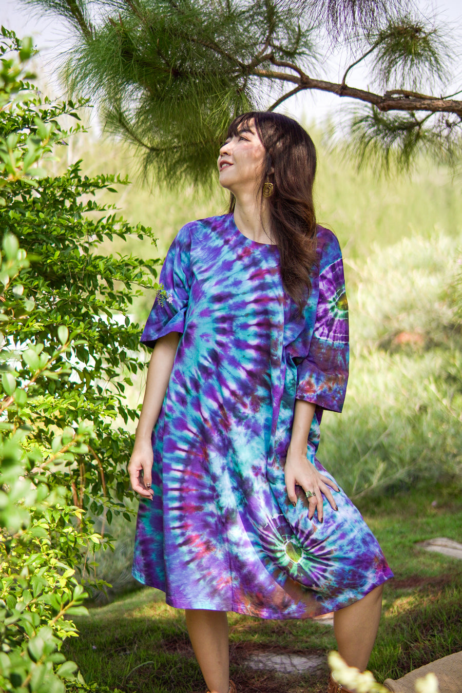 Boho Blue Hand Dyed Boho Cotton Dress with Pockets