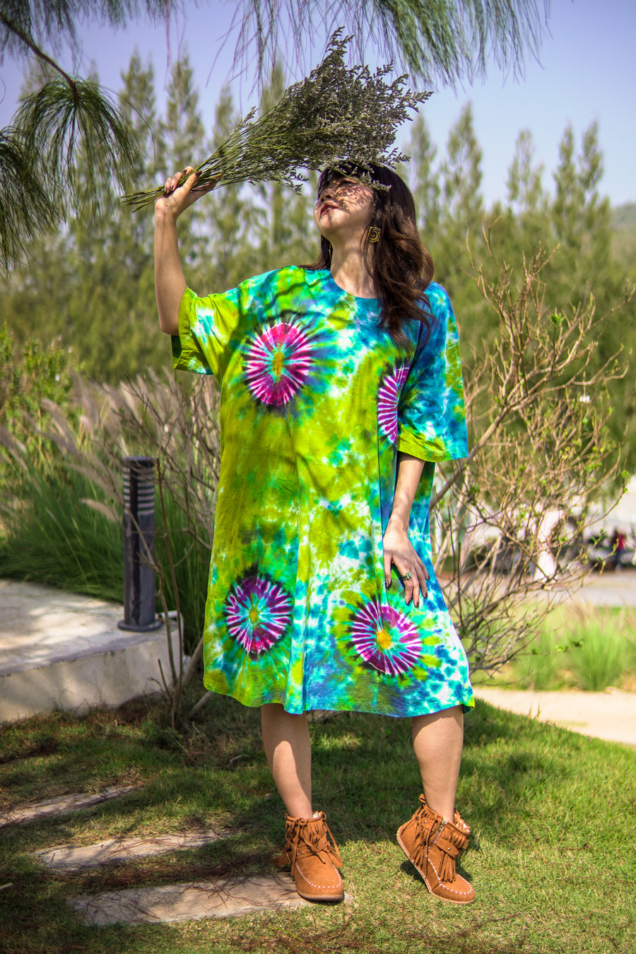 Forest Glow Hand Dyed Boho Cotton Dress with Pockets
