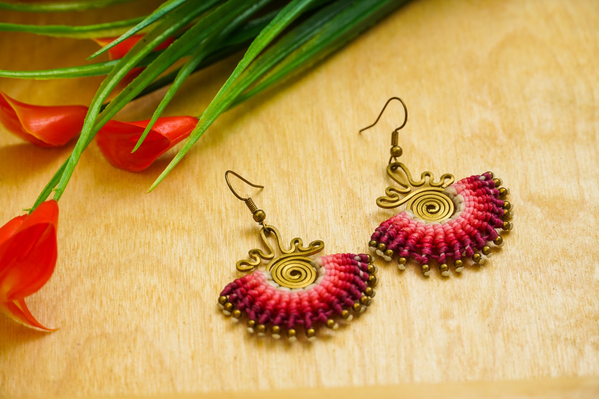 Blush Flame Spiral Micro Macrame Boho Earrings