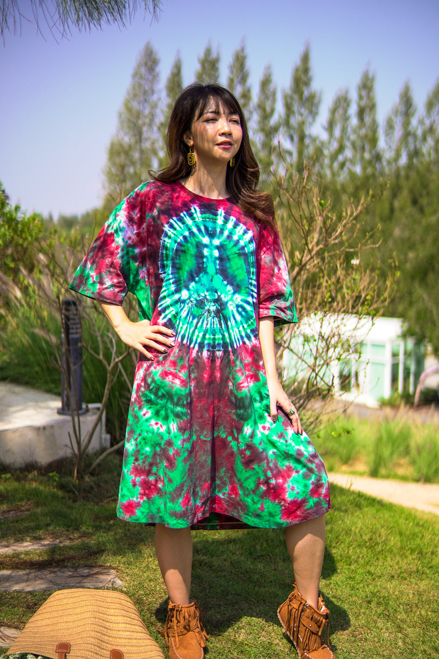 Meadow Peace Hand Dyed Boho Cotton Dress with Pockets