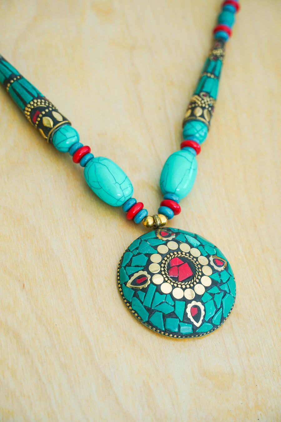 Turquoise & Coral Mosaic Statement Necklace