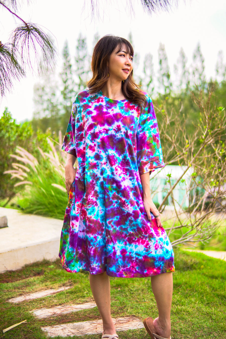 Painted Sky Hand Dyed Boho Cotton Dress with Pockets