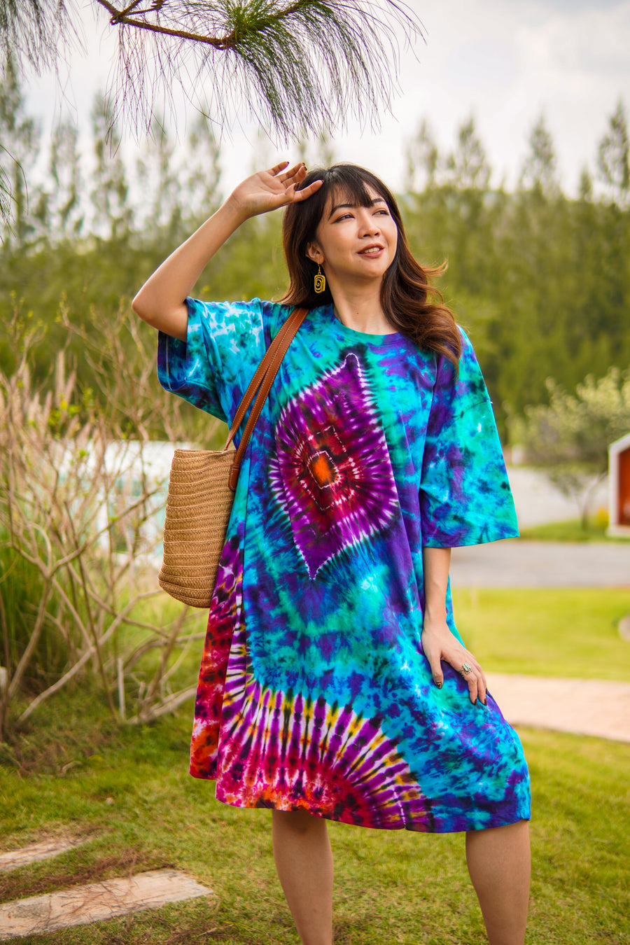 Boho Diamond Hand Dyed Boho Cotton Dress with Pockets