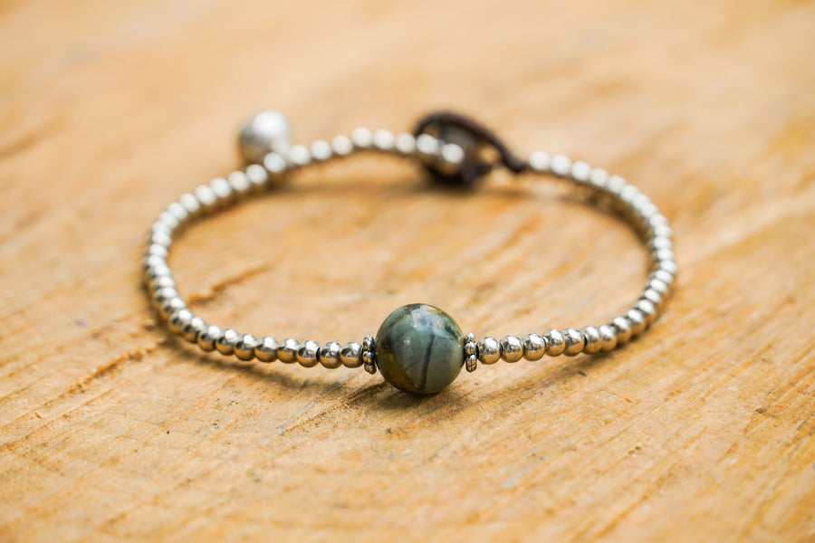 Green Jasper Bead Bracelet with Silver Beads