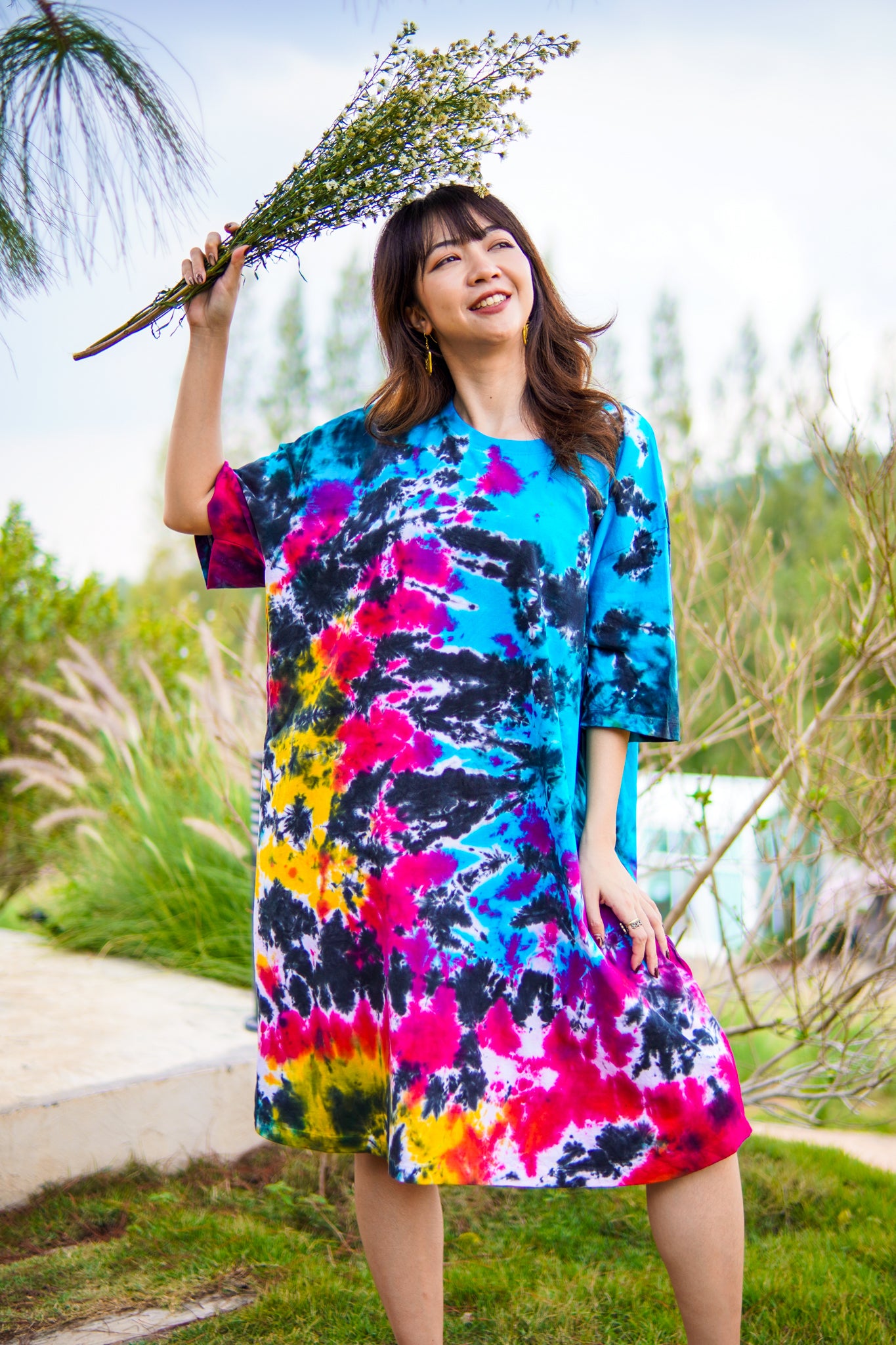 Nebula Dream Hand Dyed Boho Cotton Dress with Pockets