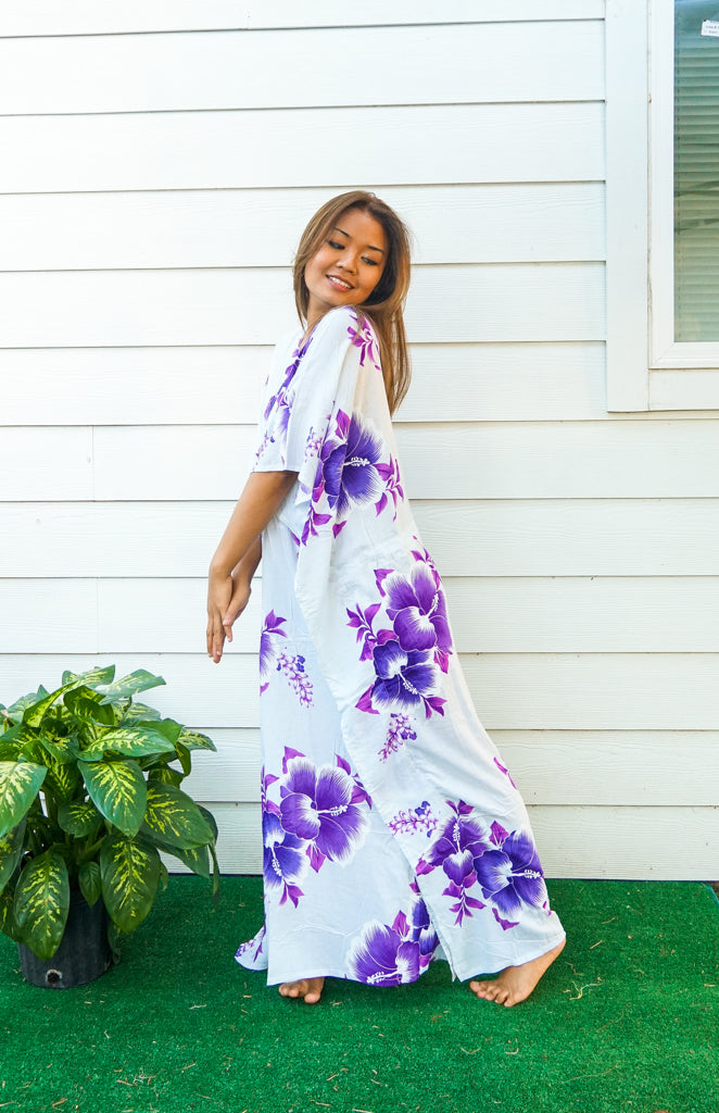 Purple White Hibiscus Kaftan