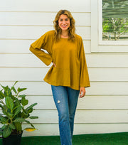 Mustard Yellow Cotton Gauze Long Sleeve Blouse with Pocket
