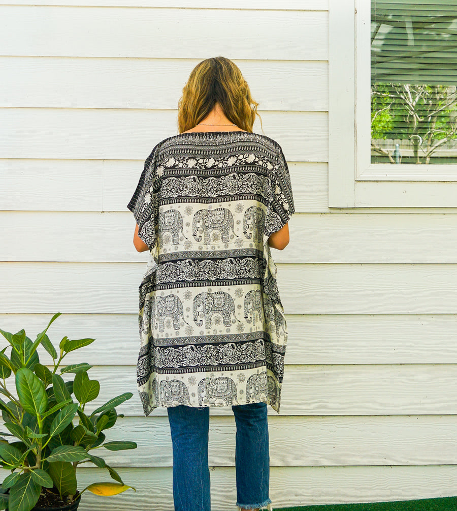 Black Royal Elephant Kaftan Tunic Blouse