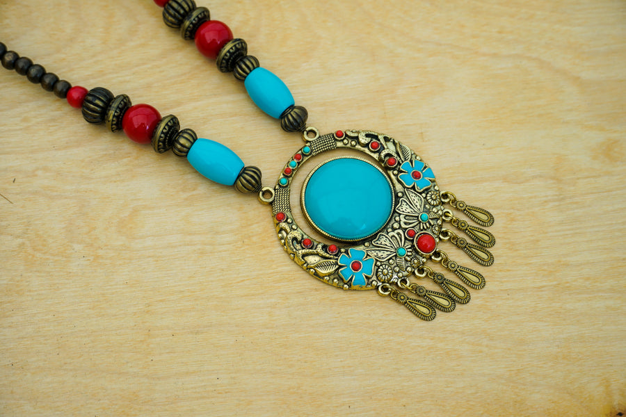 Turquoise Floral Fringe Statement Necklace