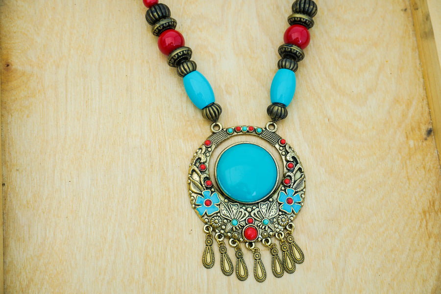 Turquoise Floral Fringe Statement Necklace