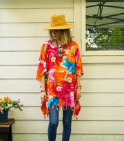 Lagoon Hibiscus Tunic Boho Kaftan Blouse