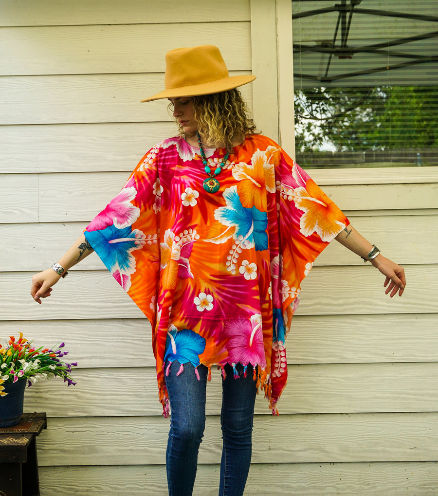 Lagoon Hibiscus Tunic Boho Kaftan Blouse