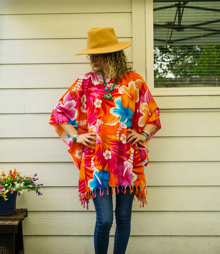 Lagoon Hibiscus Tunic Boho Kaftan Blouse