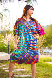 Rainbow Rhapsody Hand Dyed Boho Cotton Dress with Pockets