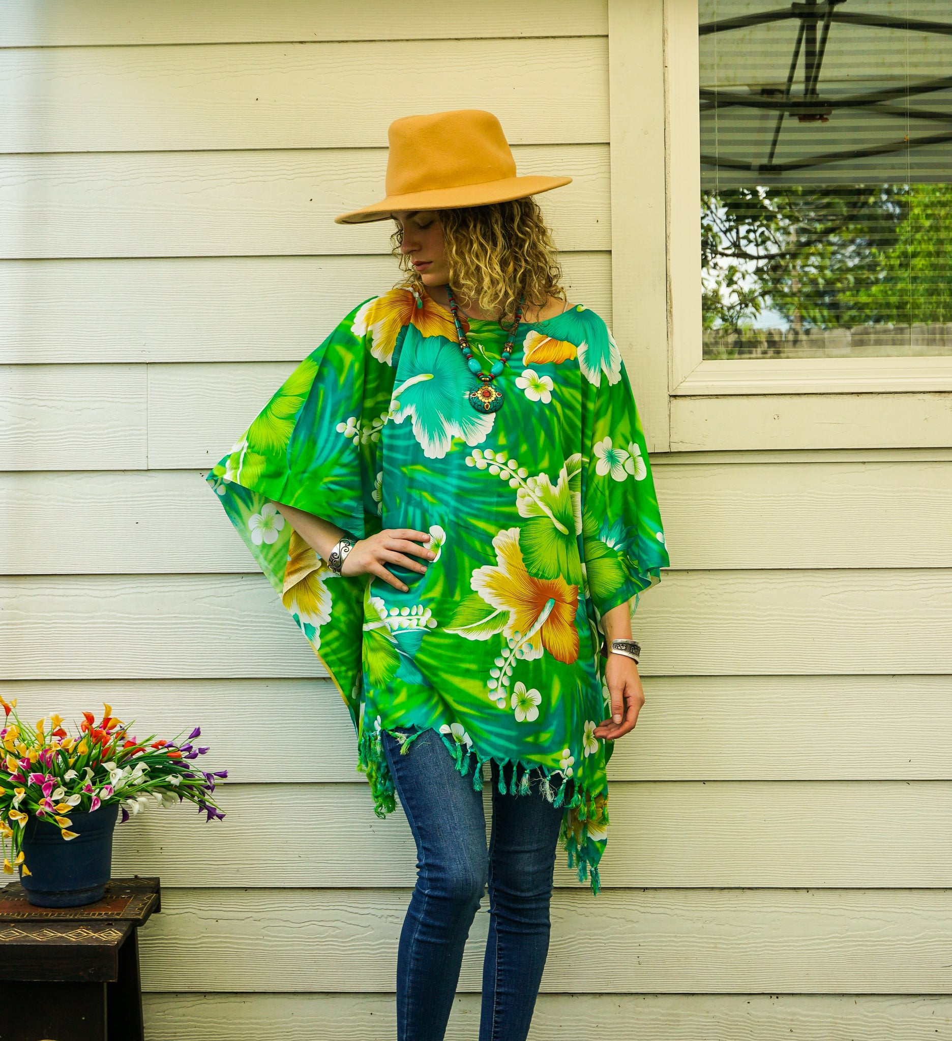 Lagoon Hibiscus Tunic Boho Kaftan Blouse