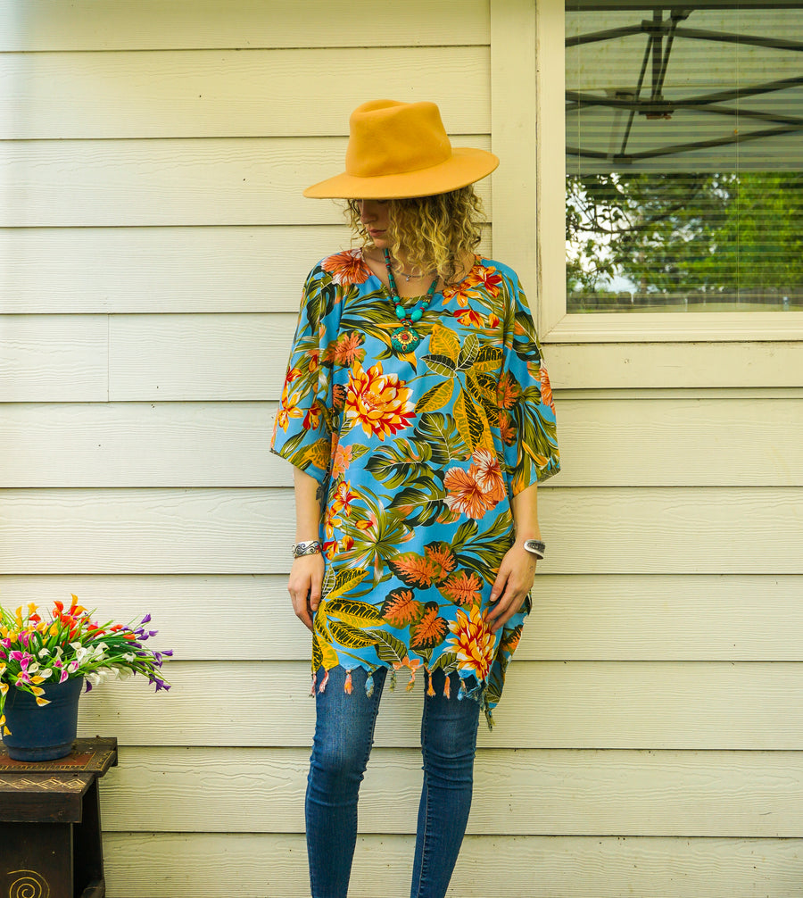 Turquoise Hibiscus Chrysanthemum Tunic Boho Kaftan Blouse