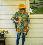 Turquoise Hibiscus Chrysanthemum Tunic Boho Kaftan Blouse
