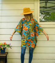 Turquoise Hibiscus Chrysanthemum Tunic Boho Kaftan Blouse