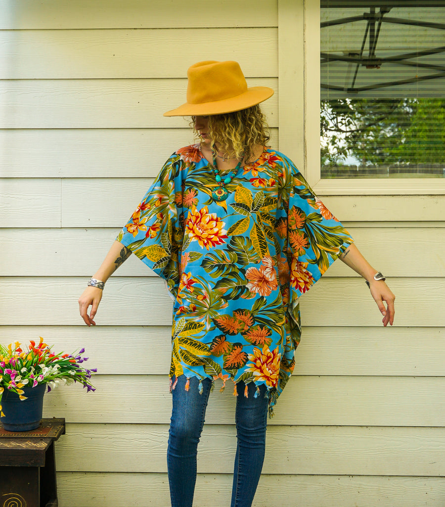 Turquoise Hibiscus Chrysanthemum Tunic Boho Kaftan Blouse