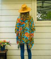 Turquoise Hibiscus Chrysanthemum Tunic Boho Kaftan Blouse