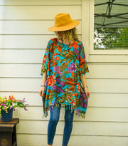Turquoise Hibiscus Chrysanthemum Tunic Boho Kaftan Blouse
