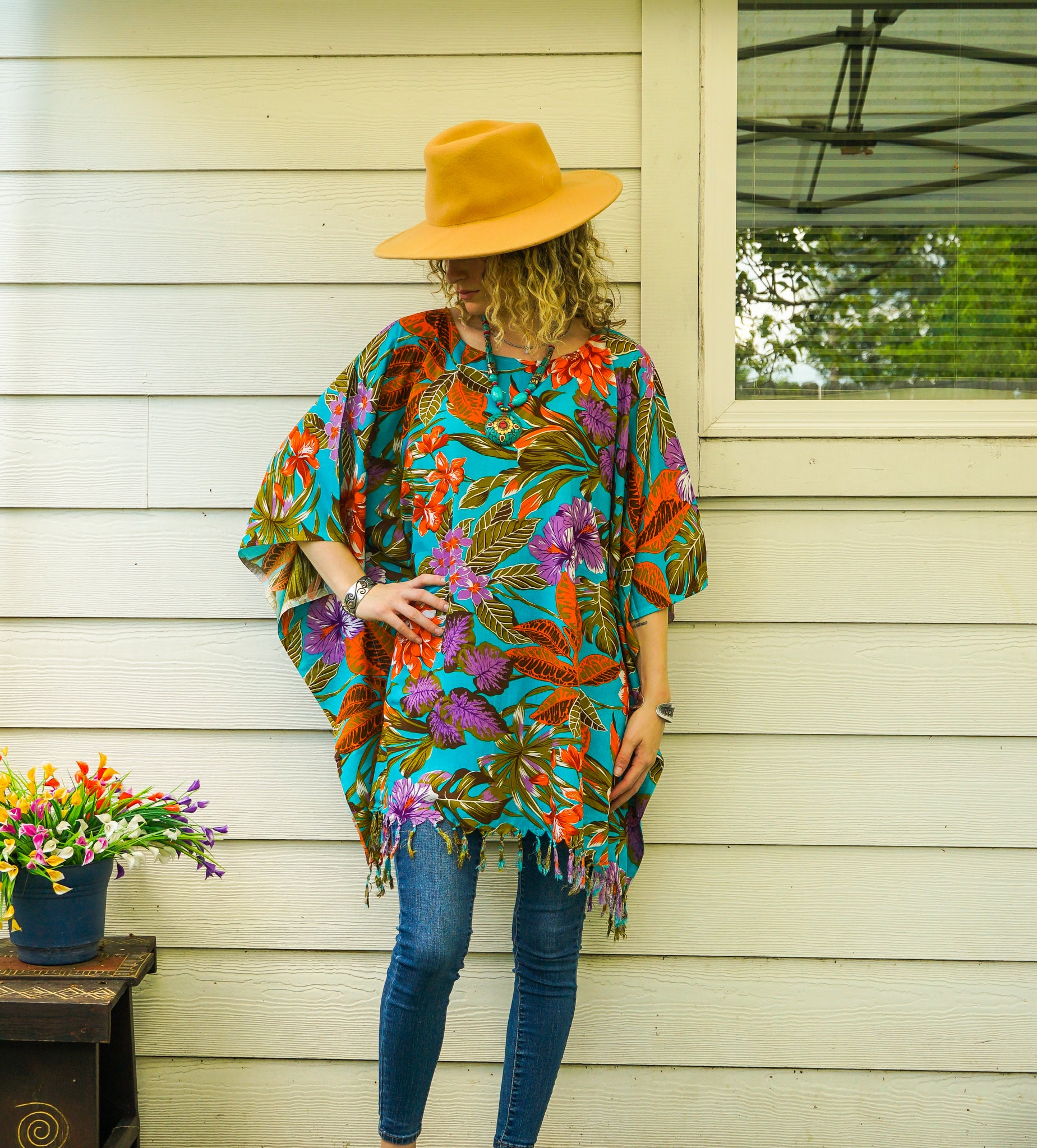 Turquoise Hibiscus Banana Plumeria Palm Tunic Boho Kaftan Blouse