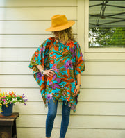 Turquoise Hibiscus Banana Plumeria Palm Tunic Boho Kaftan Blouse
