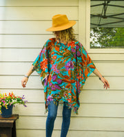 Turquoise Hibiscus Banana Plumeria Palm Tunic Boho Kaftan Blouse