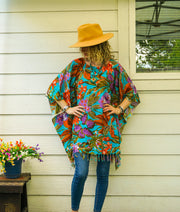 Turquoise Hibiscus Banana Plumeria Palm Tunic Boho Kaftan Blouse