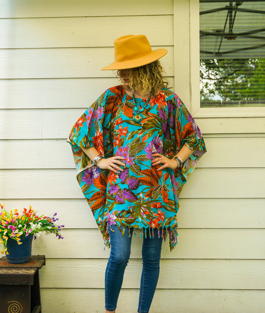 Turquoise Hibiscus Banana Plumeria Palm Tunic Boho Kaftan Blouse