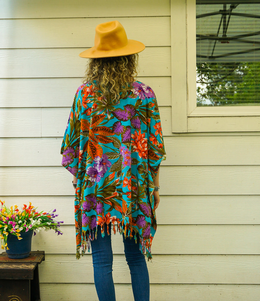 Turquoise Hibiscus Banana Plumeria Palm Tunic Boho Kaftan Blouse
