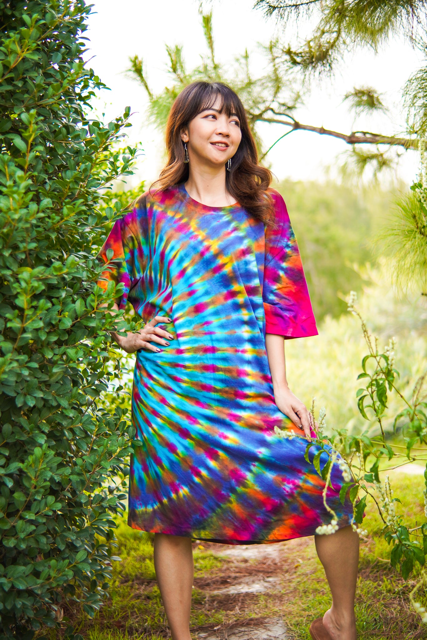 Rainbow Rhapsody Hand Dyed Boho Cotton Dress with Pockets