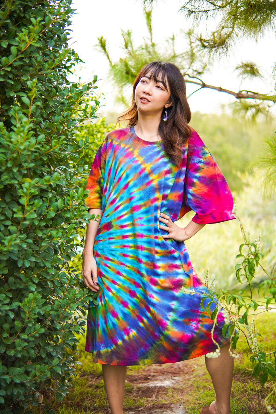 Rainbow Rhapsody Hand Dyed Boho Cotton Dress with Pockets