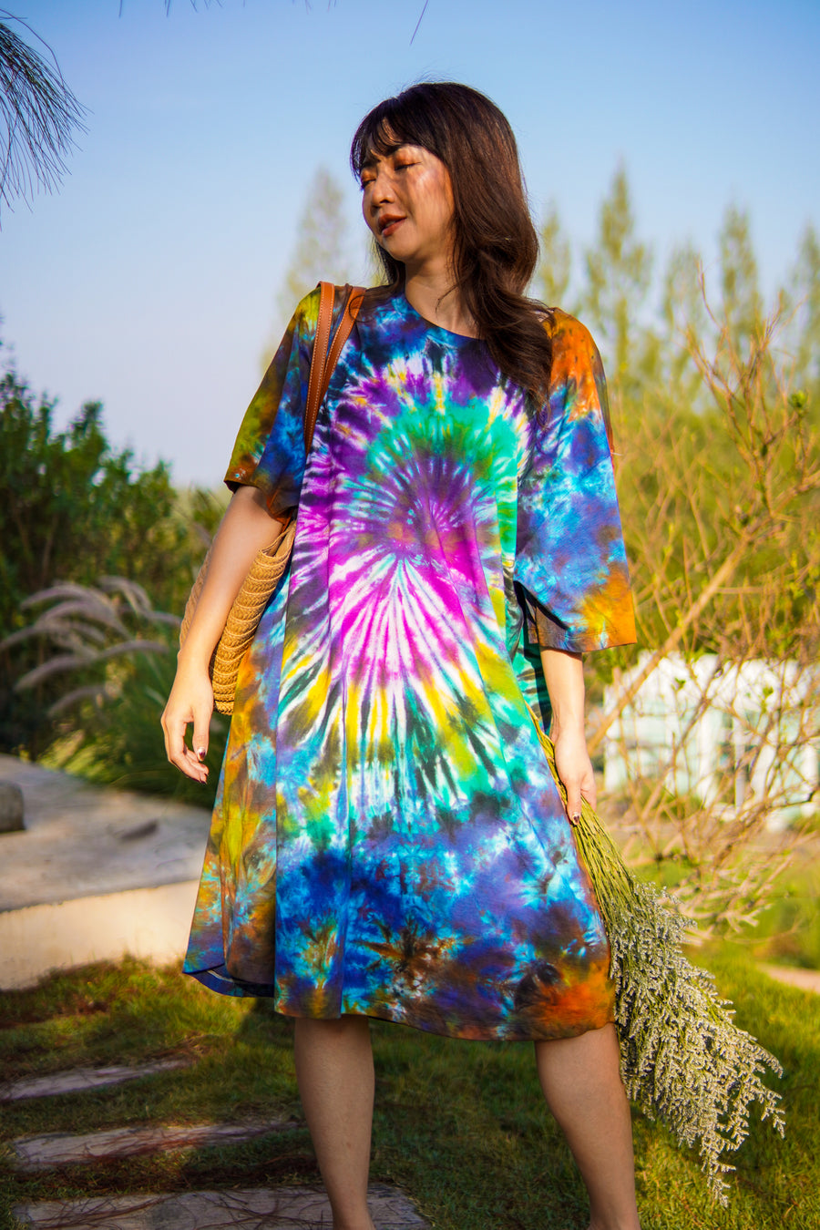 Moonflower Purple Hand Dyed Boho Cotton Dress with Pockets
