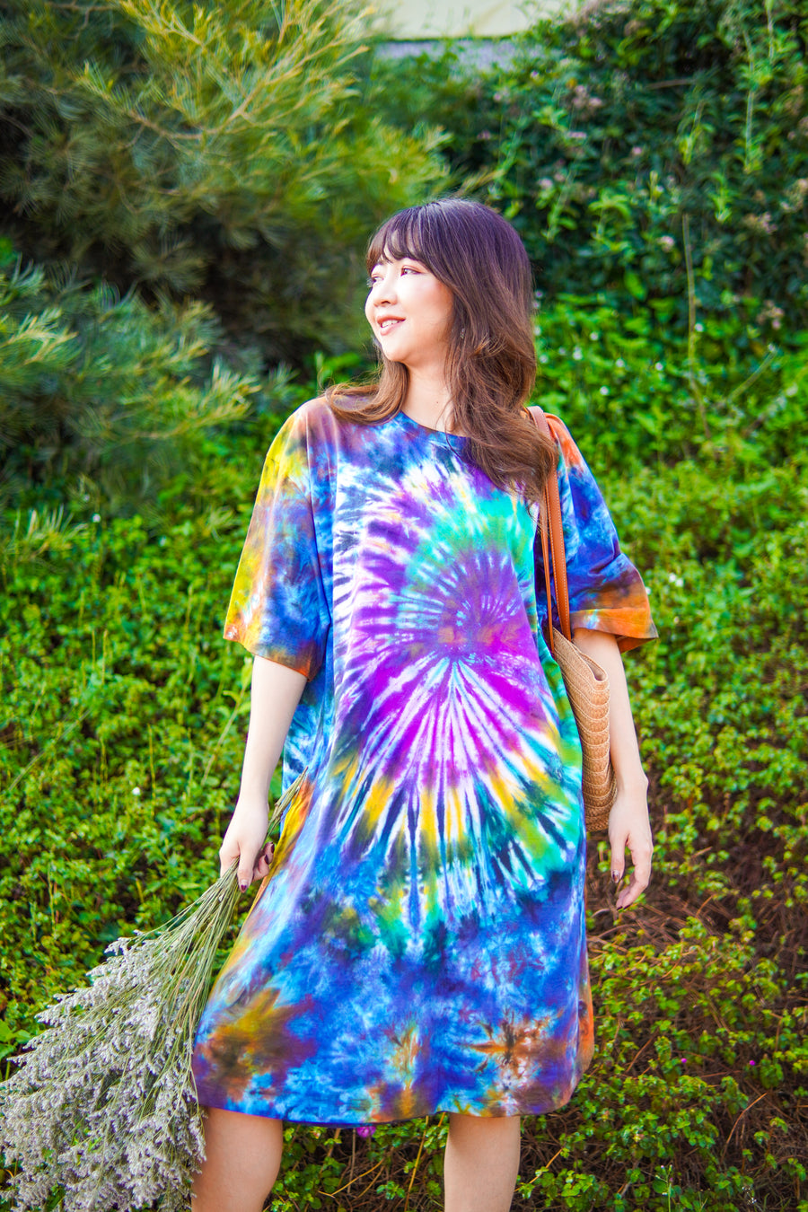 Moonflower Purple Hand Dyed Boho Cotton Dress with Pockets