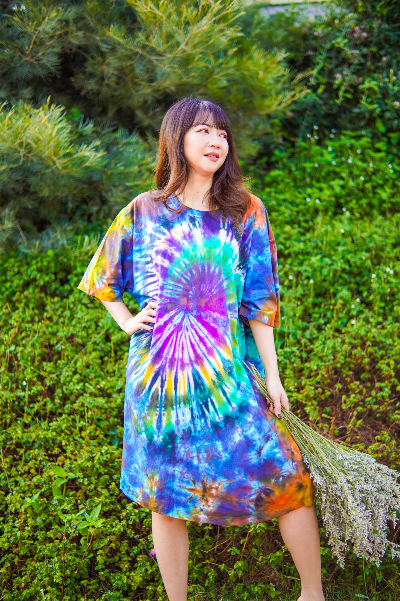 Moonflower Purple Hand Dyed Boho Cotton Dress with Pockets